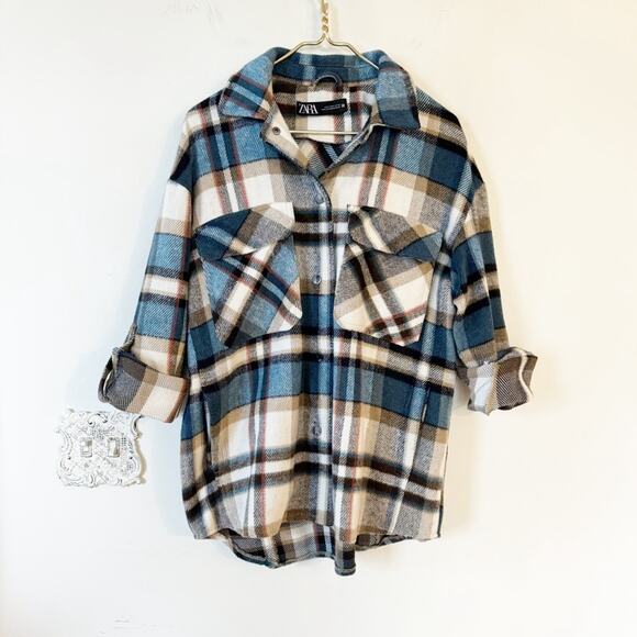 Zara Blue and Brown Plaid Fleece Roll Tab Sleeve Shacket Shirt Jacket M - Picture 2 of 9